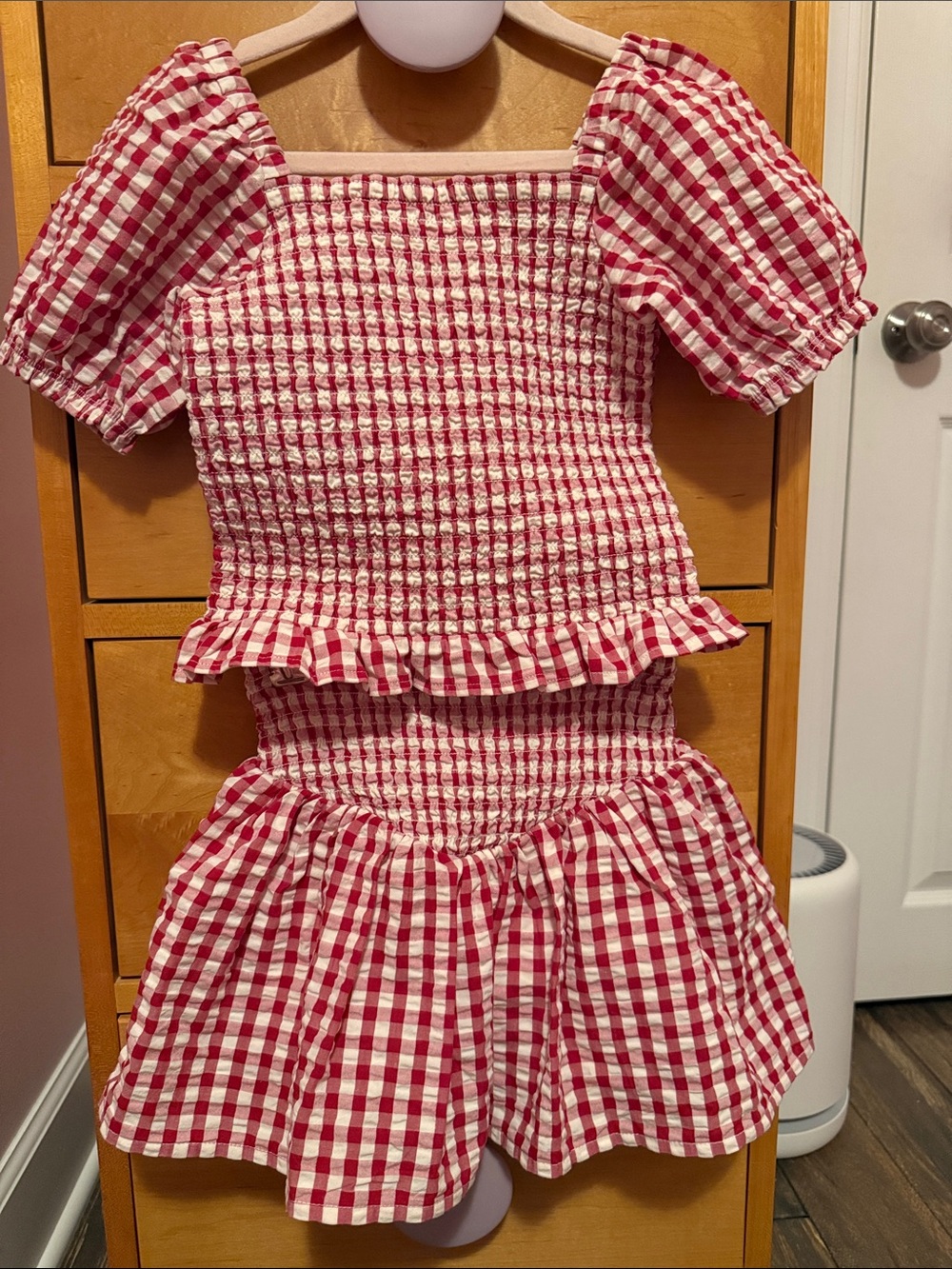 Red Gingham Smocked Two-Piece Set for Girls Size 7 - Puff Sleeve Top & Skirt